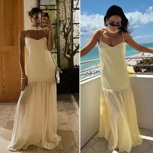 NEW Show Me Your Mumu Dalia Dress In Pale Yellow Luxe Satin Chiffon Drop Hem